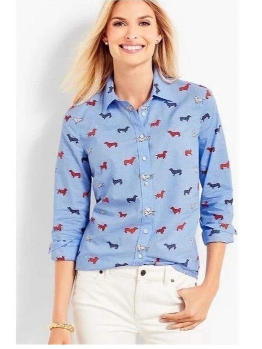 Talbots Light Blue Button-Down Shirt with Dachshund Print